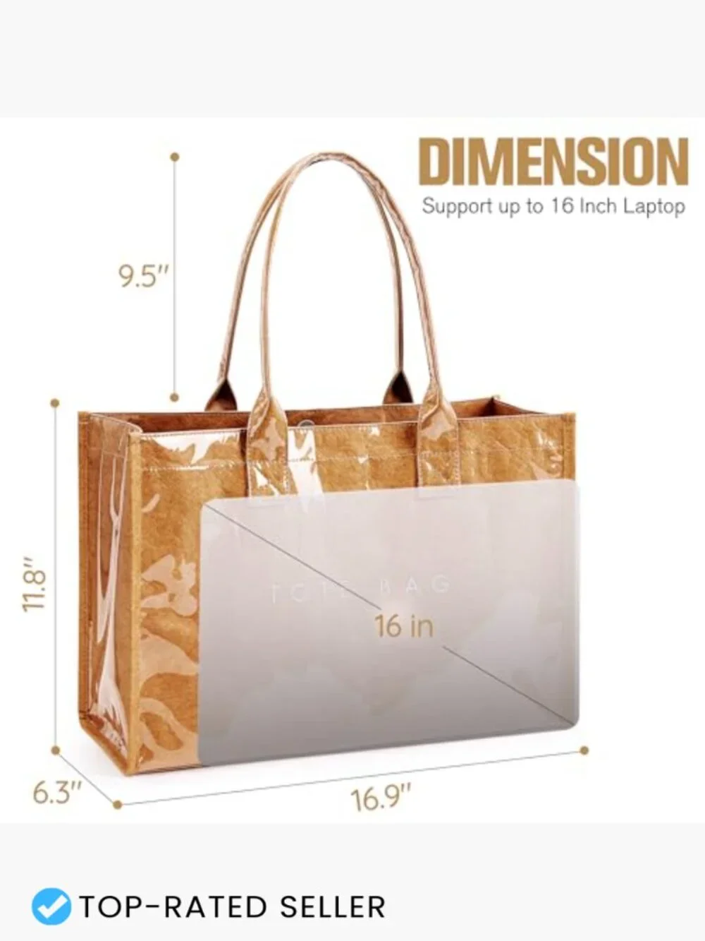 PVC Tote Bag Brown Kraft Paper Work Handbag Purses Top Handle Shoulder Large